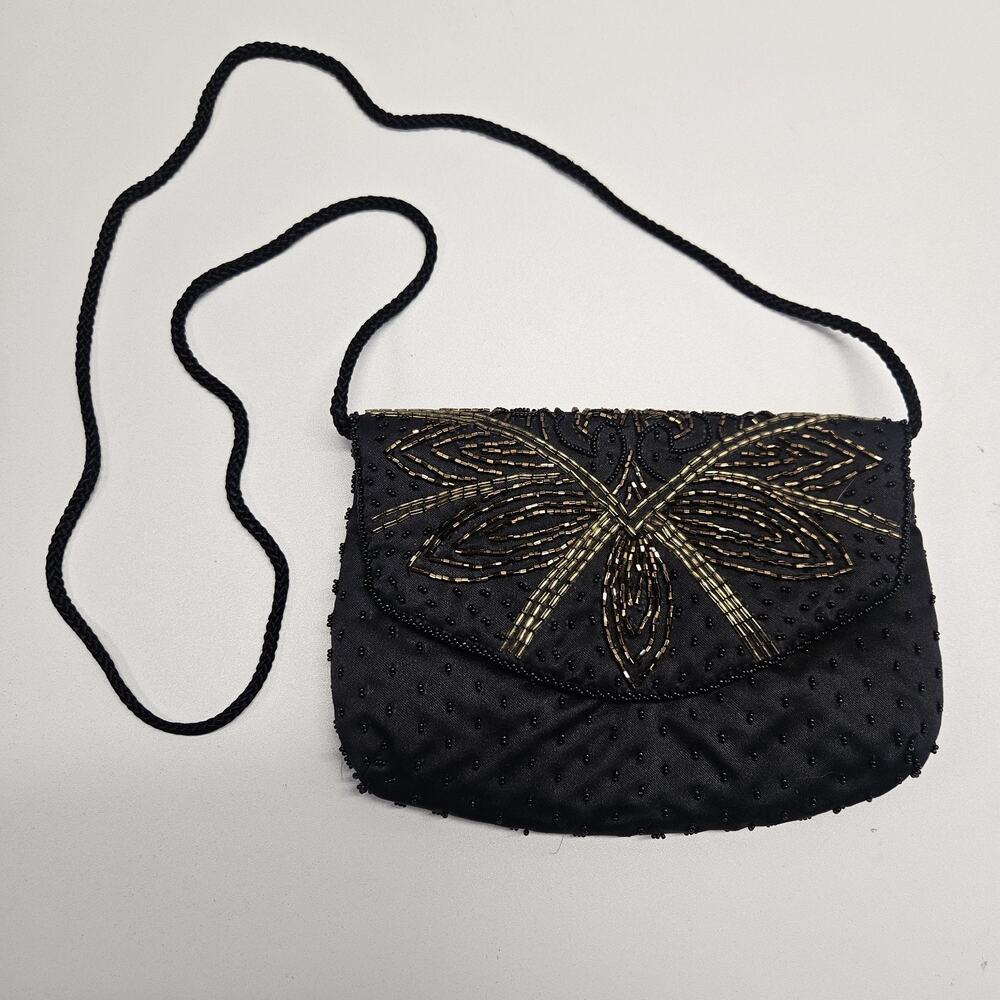 La Regale Black Gold Beaded Purse Evening Bag Clutch Vintage 70s 80s Prom/Party